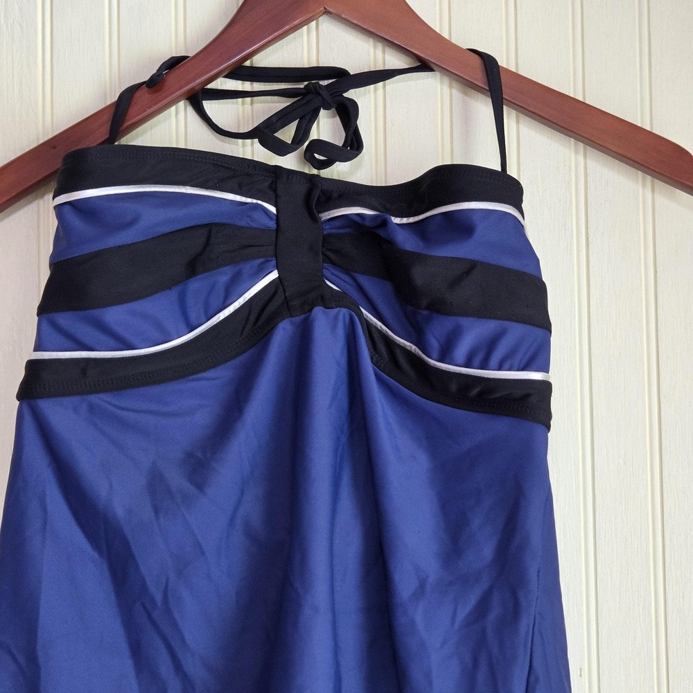 George Tankini Swim Top Womens L Blue Colorblock Halter Lined Adjustable Strap